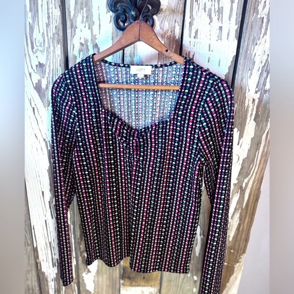 LOFT Women's Black and Pink Floral Striped Top Size XS